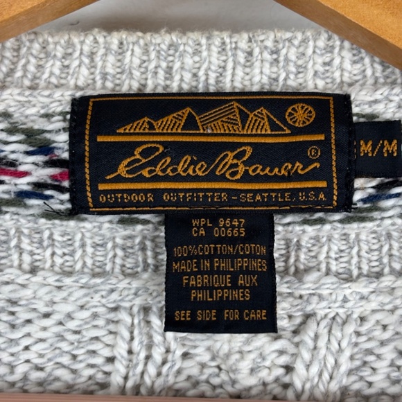 VTG Eddie Bauer Cable Knit Sweater M Oatmeal V Neck Chunky Cotton Tennis Cottage - Picture 2 of 10